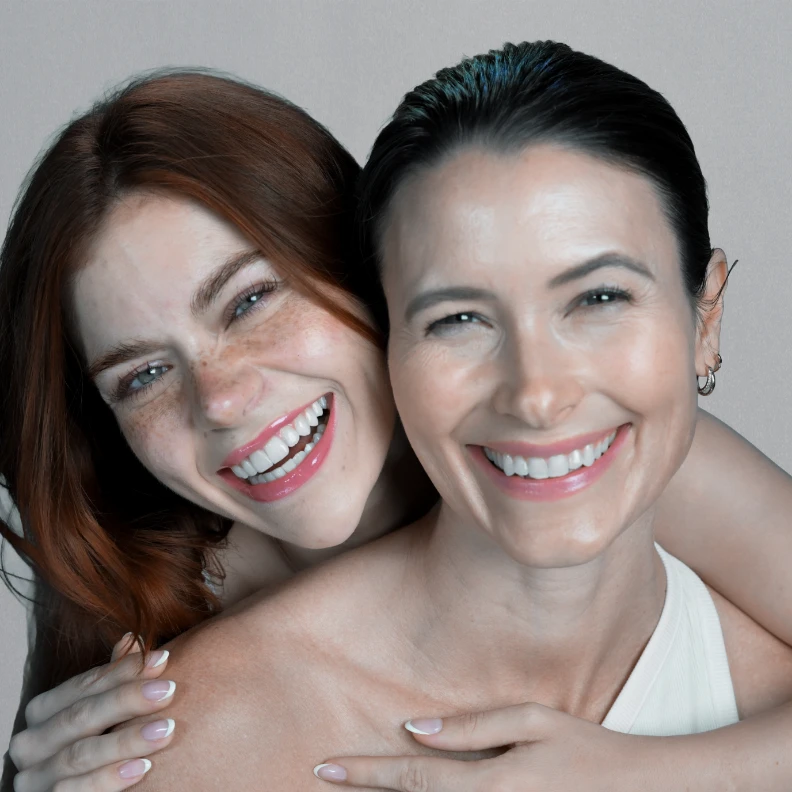 happy clients with clear, rejuvenated skin from face to chest area